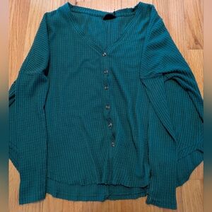 Free People Teal Green Waffle-Knit Button Front Blouse